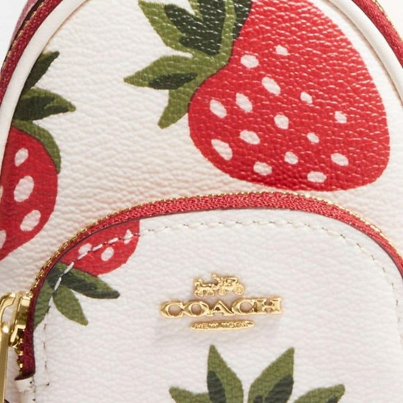 COACH® Mini Court Backpack Bag Charm With Wild Strawberry Print - Picture 2 of 3